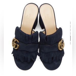 Gucci Marmont blue suede open toe block heel mules. Size 8/38.